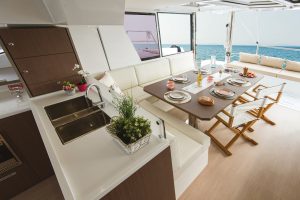 Interior dining salon on Bali 4.8 catamaran sailboat