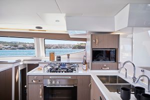 Kitchen interior wide view on Bali 4.8 catamaran sailboat