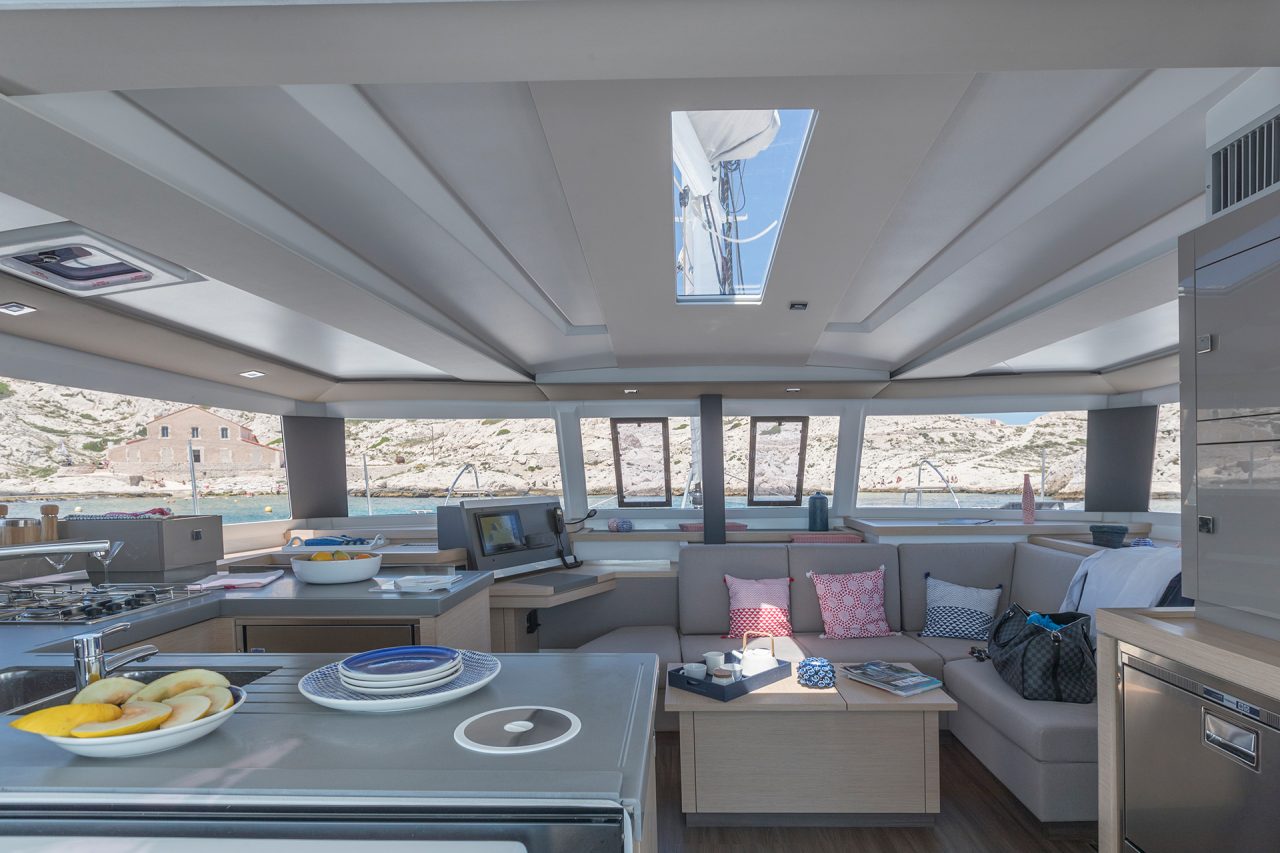 Saloon interior with sitting area on Fountaine Pajot Astrea 42 sailboat