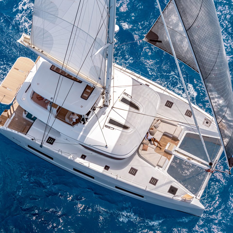 Aerial view of the Lagoon 42 catamaran under sail