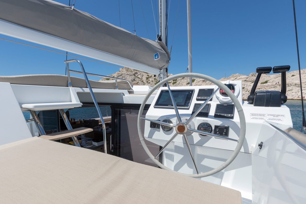 Helm of the Fountaine Pajot Astrea 42 sailing yacht