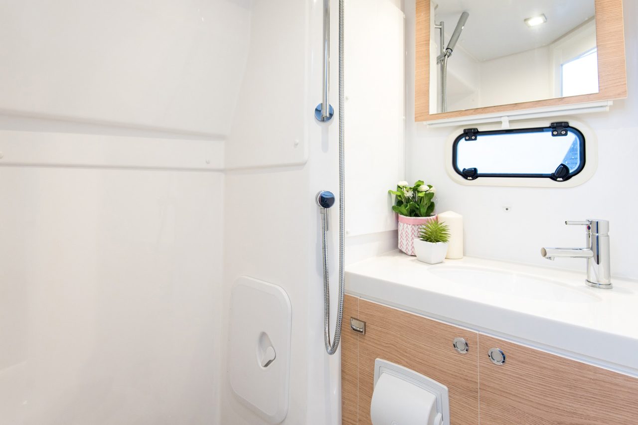 Interior cabin bathroom on the Bali 5.4 catamaran