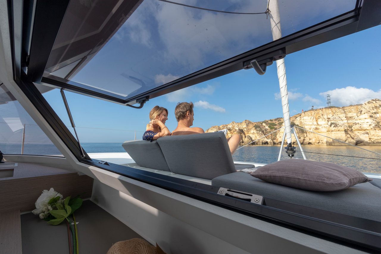 Couple of front deck lounge of the Fountaine Pajot Elba 45 catamaran