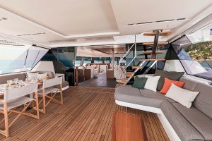 Spacious cockpit dining and seating on the Thira 80 catamaran