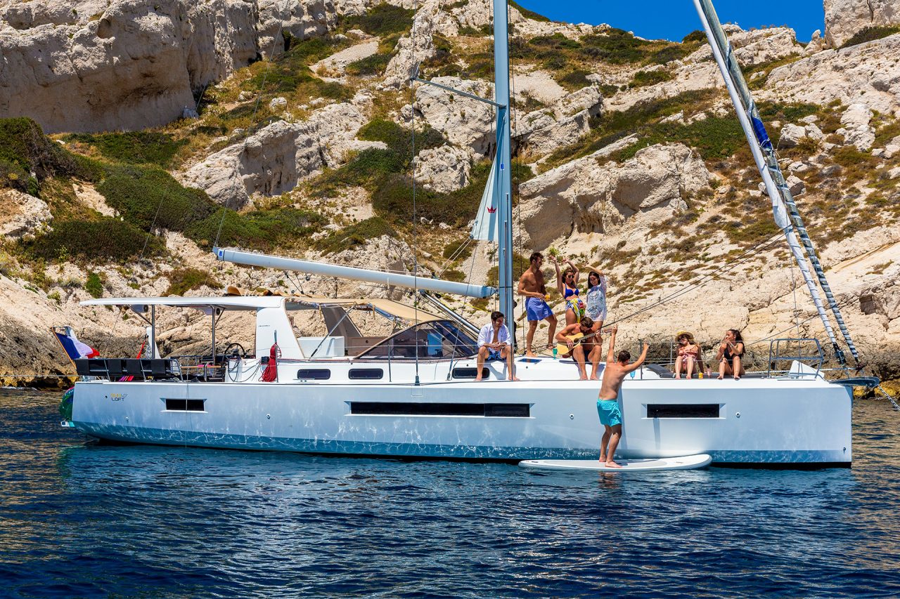 Group of people aboard the Jeanneau Sun Loft 47 monohull