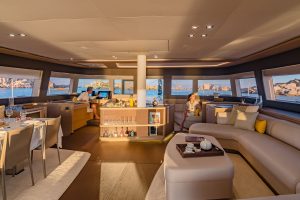 Lagoon seventy 7 catamaran salon with expansive wraparound windows