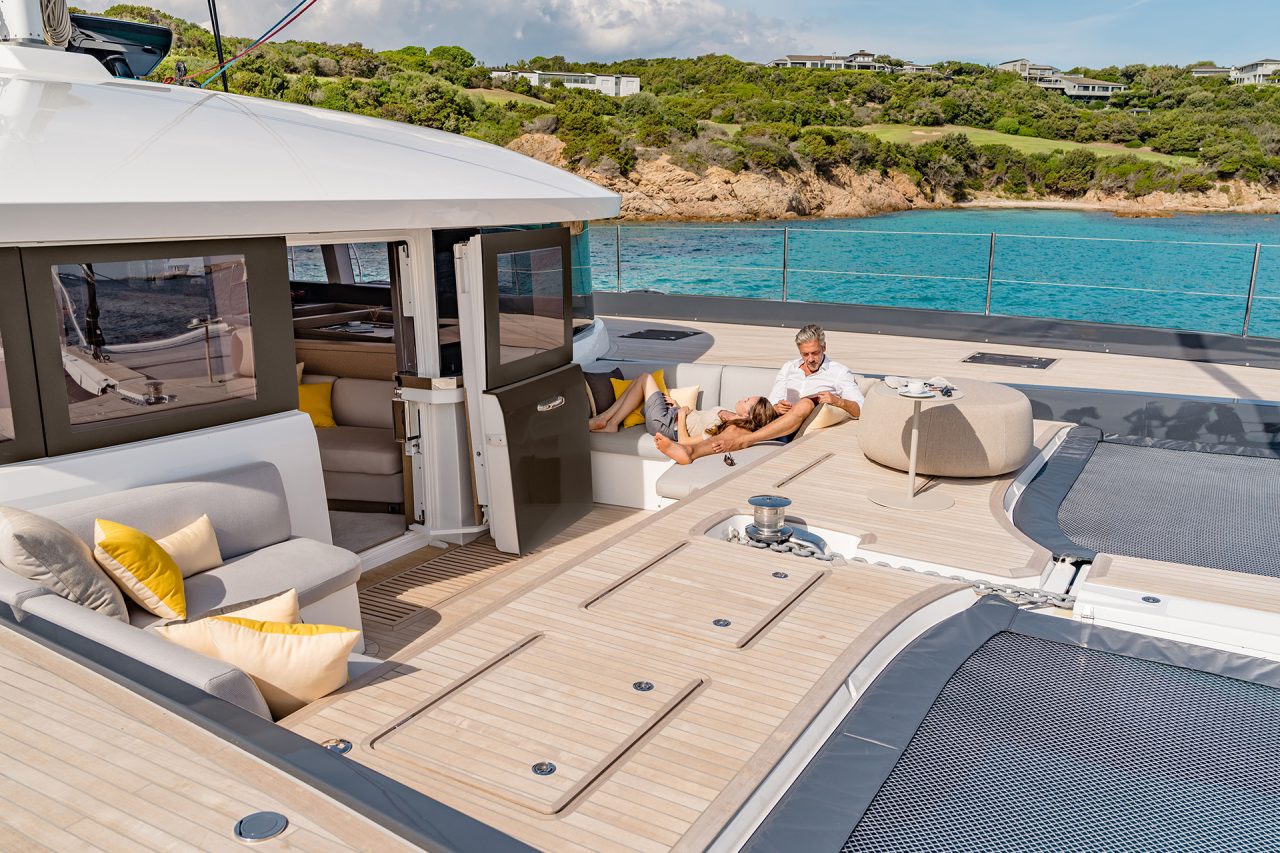 Luxury front deck lounge of the Lagoon seventy 7 yacht