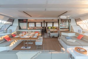 Fountaine Pajot Alegria 67 catamaran saloon with ambient lighting