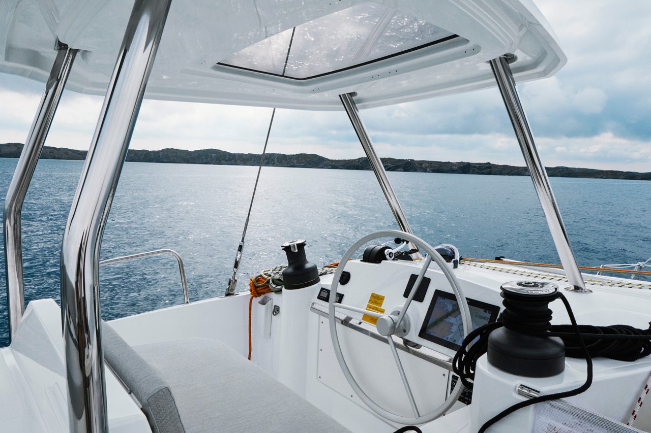 Helm with cushioned seat on the Bali 4.4 sailing catamaran