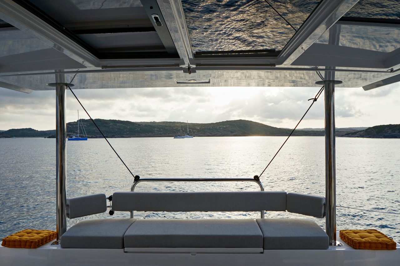 Transom bench seating on the Bali 4.4 sailing catamaran overlooking sea