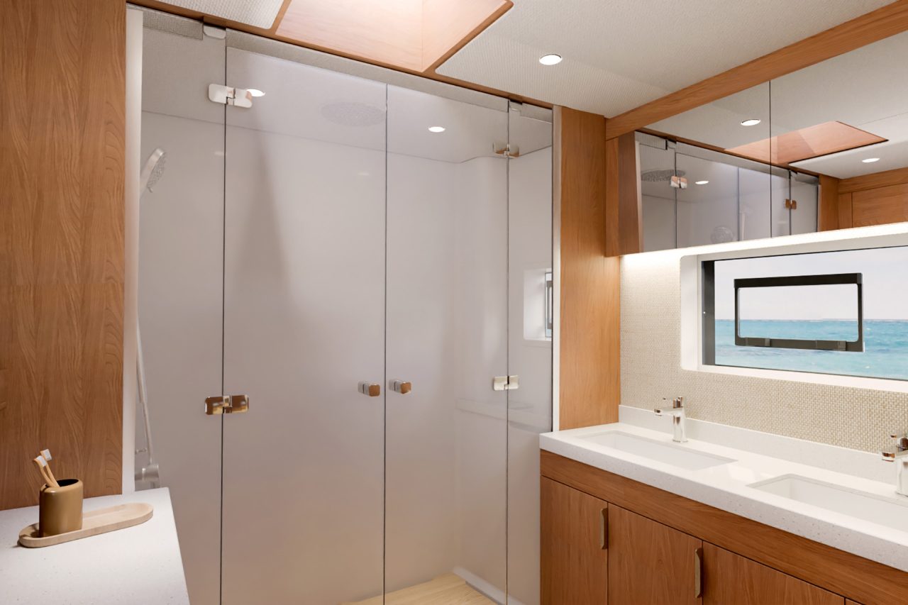 Owners suite bathroom with double sinks and shower aboard the Bali 5.8