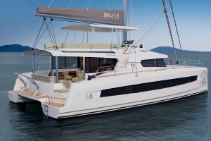 Transom and side view of the new Bali 5.8 luxury sailing catamaran at anchor