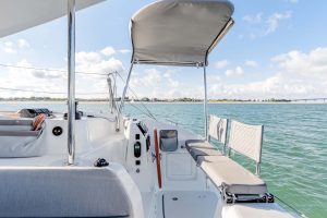 Helm seating area of the Excess 11 catamaran