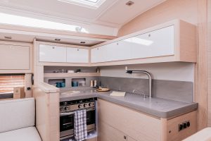 L-shaped galley kitchen on the Dufour 470 sailing boat