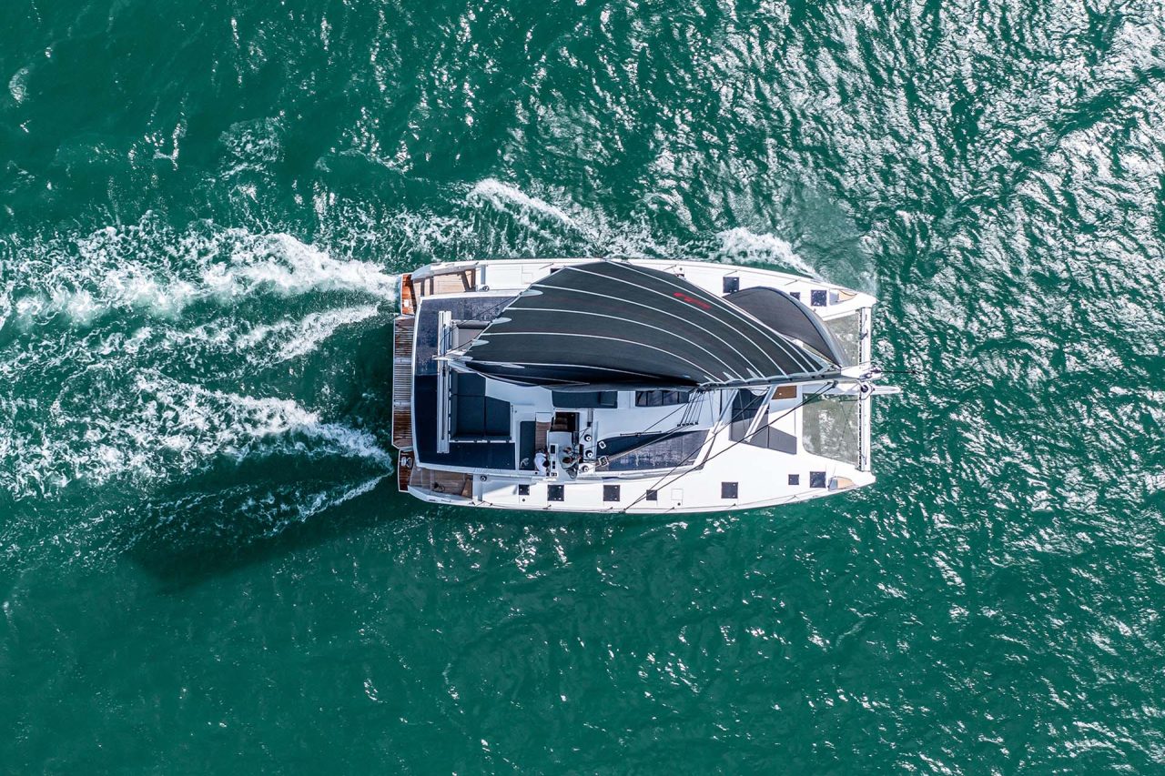 Aerial view of Fountaine Pajot  67 catamaran sailing