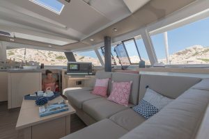 Saloon lounge of the Fountaine Pajot  42 catamaran electric