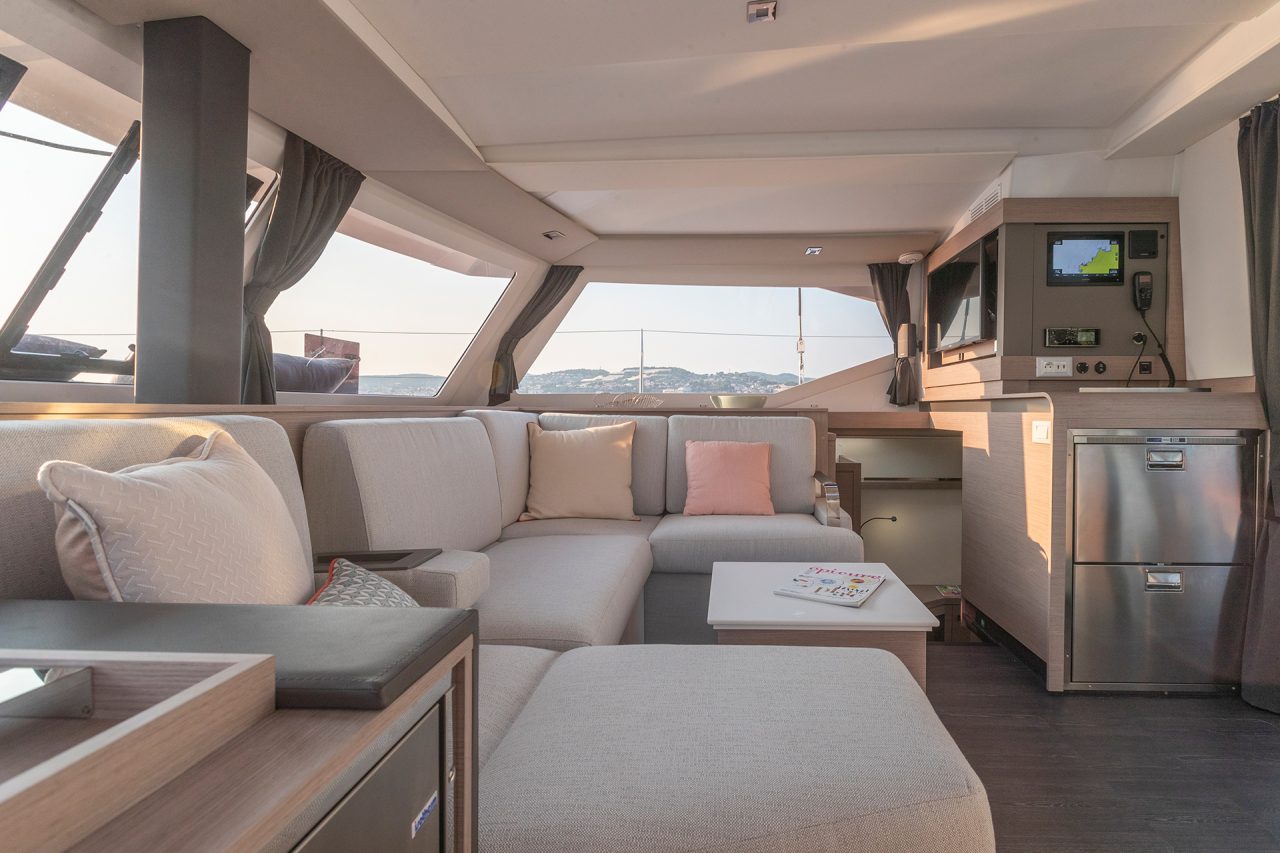 Interior cushioned seating on the Isla 40 catamaran