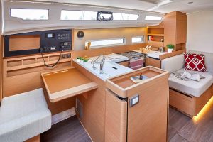 Galley and nav station on the Sun Odyssey 410 sailboat