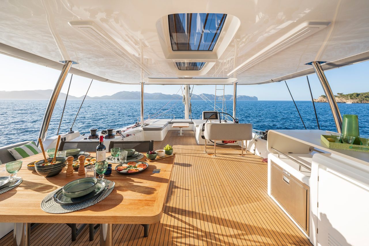 Luxury flybridge lounge area on the Lagoon 60 catamaran