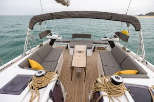 Dufour 470 monohull large cockpit seating area and dual helms