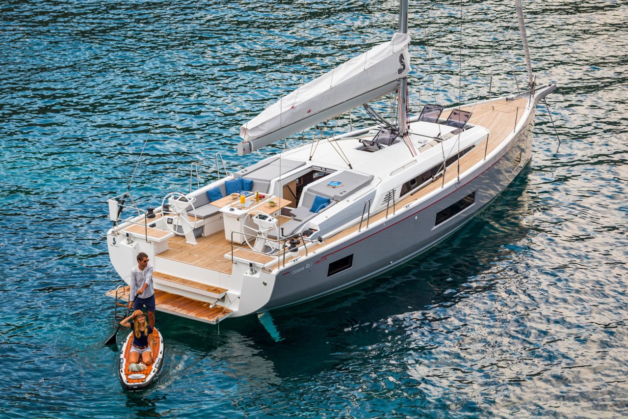 Aerial view of the Oceanis 46.1 monohull at anchor