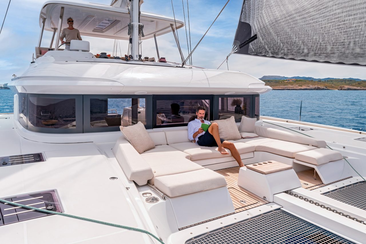 People enjoying sail aboard the Lagoon 55 catamaran