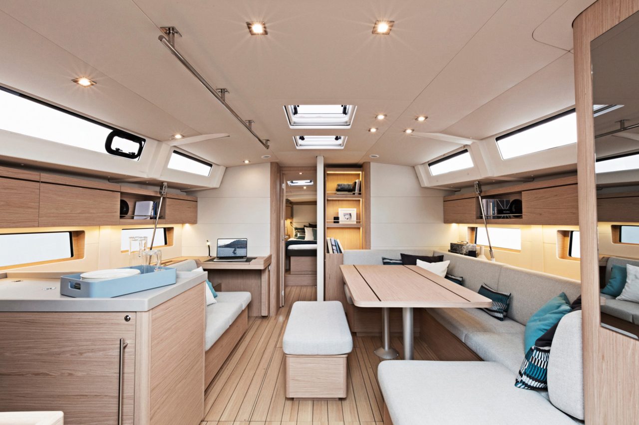 Oceanis 46.1 monohull saloon with light wood finishes