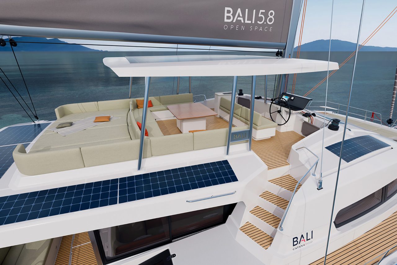 Family enjoying spacious flybridge lounge areas on the Bali 5.4 catamaran