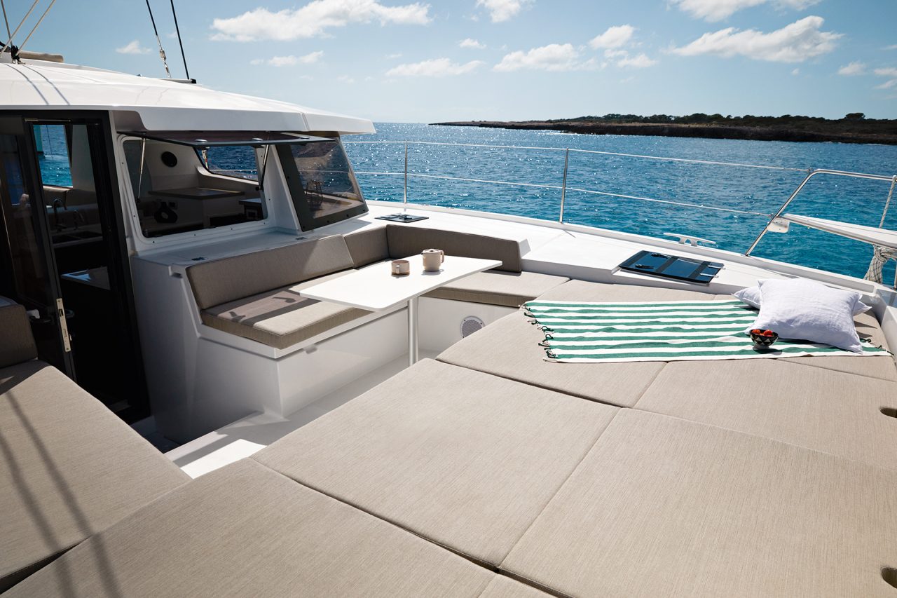 Bali 4.2 catamaran's large cushioned foredeck and dinette