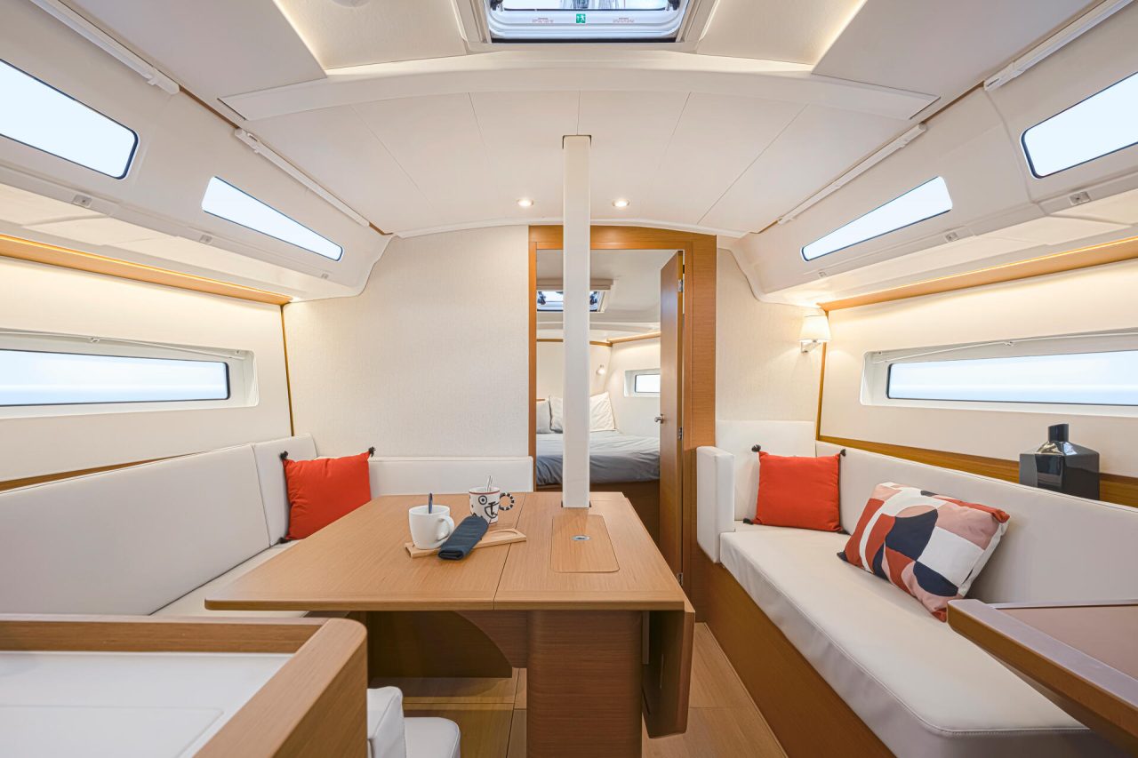 Sun Odyssey 380 sailboat salon with lots of natural lighting